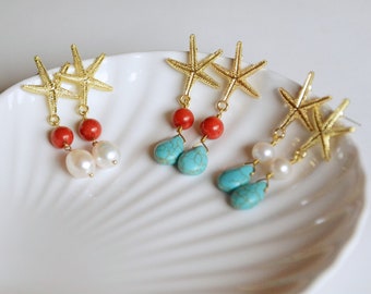 Starfish earrings with stones, pearls and corals