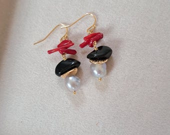 Red coral, black agate & gray pearl earrings – Handmade Statement Jewelry – Elegant Gift for Her