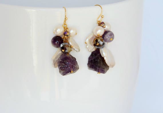 Raw amethyst earrings with keshi baroque pearls and crystals | Etsy
