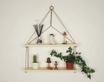 Hanging Rope Shelf, Geometric, Laddered Two Tier, Rustic Pyramid Swing Shelf in a natural pine finish