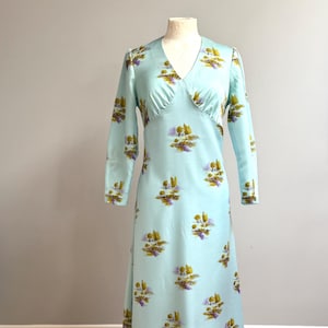 Vintage 70s Maxi Dress – Pale Blue Evening Gown, Scenic Print, Abigail’s Party Vibes. Retro 70s dress, gown, vintage clothes.