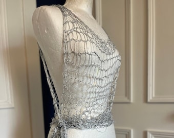 Minimalist vegan silk silver top. Beach cover, layering, vest top, summer tank top, party clothes, Glamorous mesh tank, beach bar.