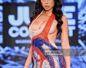 Handmade crochet dress in satin, wearable art statement dress.