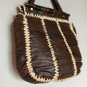 Vintage 1970s large leather handbag. Top handles. Leather detail. Mid century modern bag, boho bag, festival bag. Boho gift for her. 70s bag