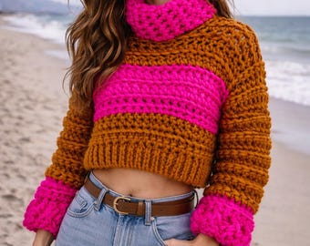 Chunky Handmade Cropped Crochet Sweater – Mustard & Hot Pink Statement Knit
