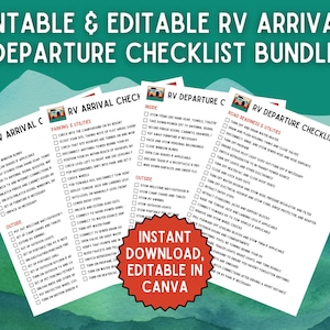 May include: Printable and editable RV arrival and departure checklist bundle. The checklists are organized into sections for inside, outside, parking and utilities, and road readiness and utilities. The checklists are designed to be used with Canva.