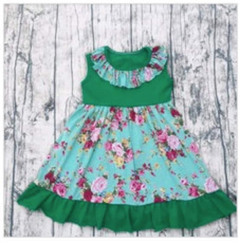 Green Floral Dress Casual Dress for Girls Girls Ruffle Dress Cap Sleeve Baby Ruffle Dress Toddler Ruffle Dress