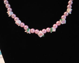 Pink rose pearl necklace