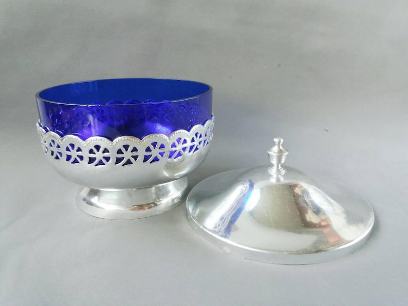 Vintage Silver Tone Sugar Bowl With Blue Glass Vintage Kitchen Etsy