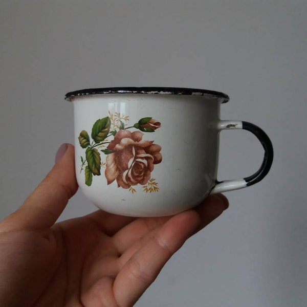 Vintage small white enamel mug with rose print Children enamel mug Small metal cup Farmhouse Decor Rustic Enamelware Soviet Enamel Cup