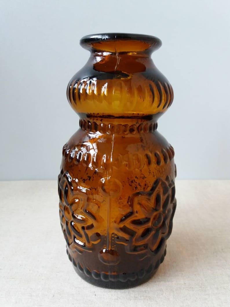 Vintage Glass Vase Brown Bottle With Floral Ornament Glass Etsy