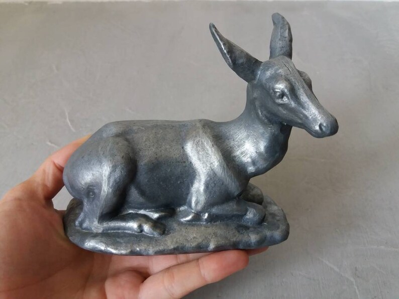Deer Figurine Vintage Deer Statue Grey Metal Statuette Fawn Etsy