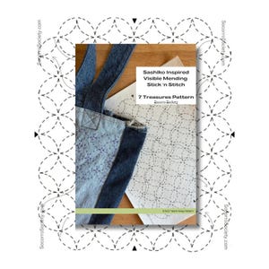 May include: A Sashiko inspired visible mending stick 'n stitch pattern called "7 Treasures Pattern" by Socorro Society. The pattern is printed on a white background and shows a repeating pattern of circles and lines. The pattern is 8.5x12 inches and is a wash-away pattern.