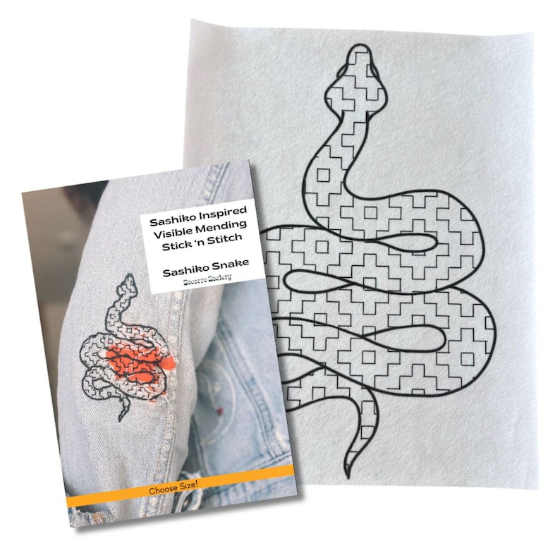 May include: Sashiko Inspired Visible Mending Stick 'n Stitch Sashiko Snake pattern on a white background. The pattern is a snake with a square grid design. The text "Sashiko Snake" is printed on the pattern.