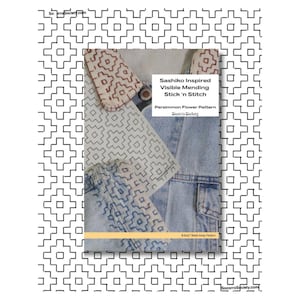 May include: A Sashiko Inspired Visible Mending Stick 'n Stitch pattern for a Persimmon Flower. The pattern is printed on a white background and is shown on top of a blue denim jacket.