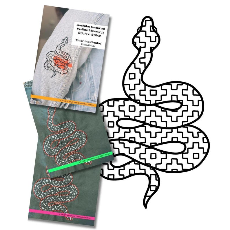 May include: A black and white illustration of a snake with a geometric pattern. The snake is coiled in a figure eight shape. The image is titled "Sashiko Inspired Visible Mending Stick 'n Stitch Sashiko Snake".