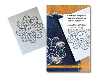 Patrón de bordado Sashiko Happy Daisy con puntada y varilla de reparación visibles