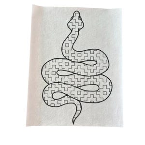 May include: A black and white line drawing of a snake with a checkered pattern. The snake is curled up in a spiral shape.
