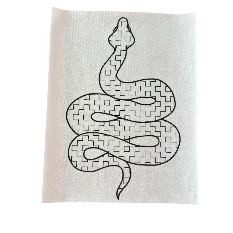 May include: A black and white line drawing of a snake with a checkered pattern. The snake is curled up in a spiral shape.