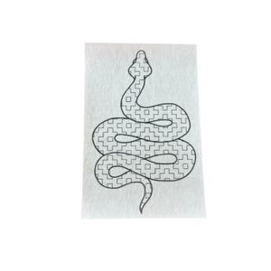 May include: A black and white line drawing of a snake with a patterned body. The snake is curled up in a spiral shape.