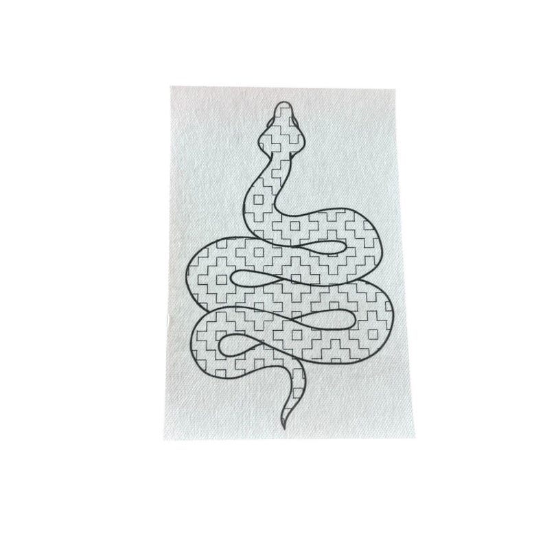 May include: A black and white line drawing of a snake with a patterned body. The snake is curled up in a spiral shape.