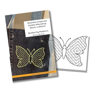 May include: A black and white butterfly embroidery pattern with a yellow butterfly stitched on denim fabric. The pattern is 4.25 inches by 5.5 inches and is a wash-away embroidery pattern. The text "Sashiko Inspired Visible Mending Stick 'n Stitch Butterfly Pattern Socorro Society" is printed on the image.