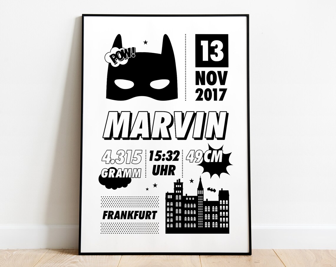 Geburtsposter Poster Geburt Batman A4 personalisiert Etsy