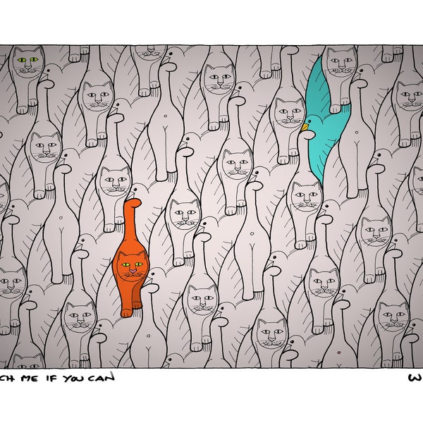 Catch Me If You Can - Cat & Bird Tessellating Pattern - Giclee Print A4 A3 Original Art
