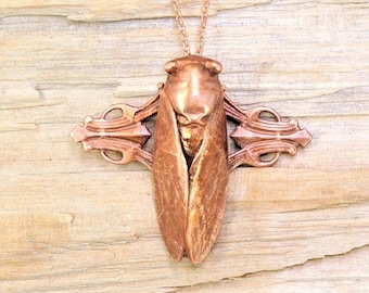 Real Cicada on Deco Design Copper Necklace, Electroformed -G45- Handmade Nature Inspired Jewelry