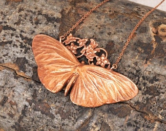 Real Butterfly on Floral Design Copper Necklace -S33- Handmade Nature Inspired Jewelry