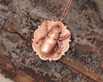 Real Female Stag Beetle on Filigree Design Copper Necklace, Electroformed -K42- Handmade Nature Inspired Jewelry