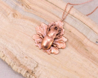 Real Female Stag Beetle on Leaf Design Copper Necklace, Electroformed -E42- Handmade Nature Inspired Jewelry