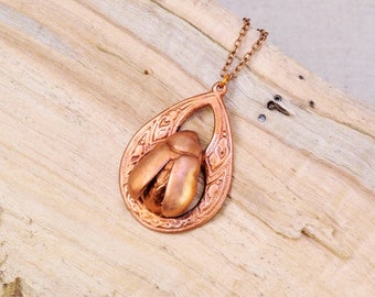 Real  Beetle on Filigree Design Copper Necklace, Electroformed -J54- Handmade Nature Inspired Jewelry