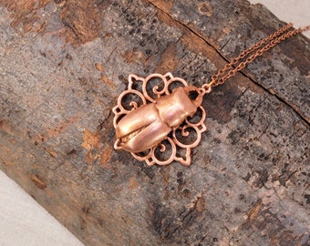 Real Female Stag Beetle on Filigree Design Copper Necklace, Electroformed -O47- Handmade Nature Inspired Jewelry