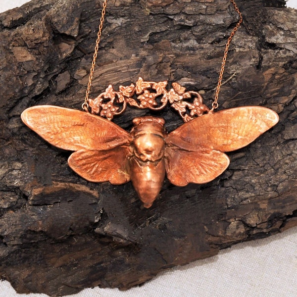 Real Cicada With Art Nouveau Design Copper Necklace, Electroformed, Large -x28- Handmade Nature Inspired Jewelry