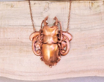 Real Stag Beetle on Art Nouveau Design Copper Necklace, Electroformed -J55- Handmade Nature Inspired Jewelry