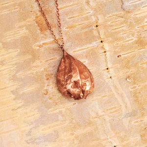 Könnte beinhalten: Eine Halskette aus Kupfer mit einem Anhänger in Form einer Walnussschale.