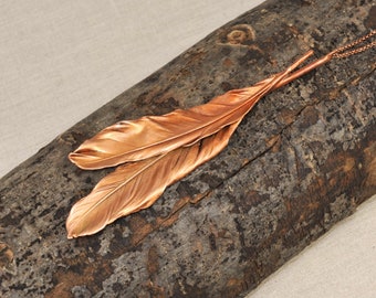 Real Extra Large, Extra Long Feathers Copper Necklace-Long - U42-Handmade Nature Inspired Jewelry