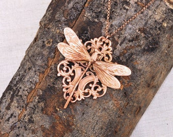 Real Dragonfly (Damselfly) With Nouveau Design Copper Necklace, Electroformed- W41- Handmade Nature Inspired Jewelry