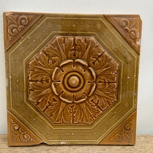 Antique Victorian Fireplace Tile | Glazed Ceramic Aesthetic Movement Tile with Rosette Design
