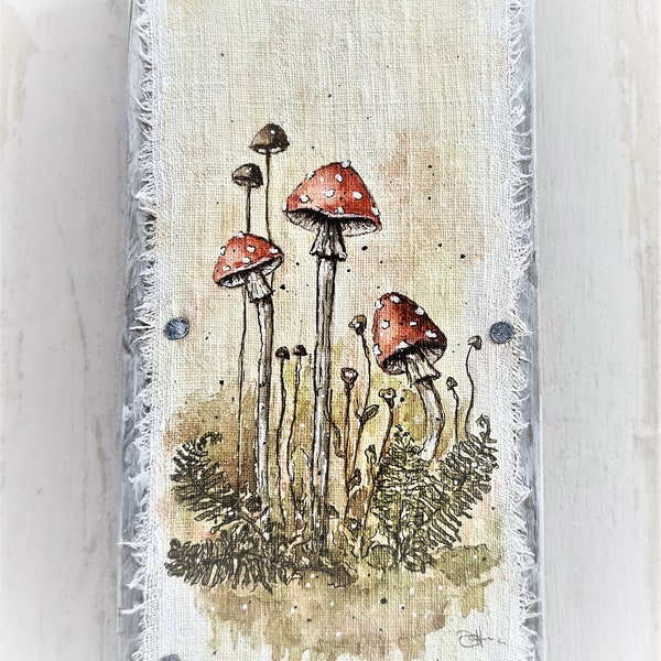 TOADSTOOLS Aquarell auf Altholz mit altem Leinen - FARMHOUSE-CHIC - Holzbild - Unikat