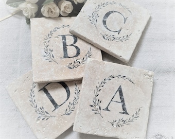 Natural stone tile with desired monogram - UNIKAT - travertine - antique marble - SHABBY FARMHOUSE