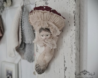 BABY TOADSTOOL - vintage hanging board with a small toadstool elf - farmhouse chic - shabby chic - unique