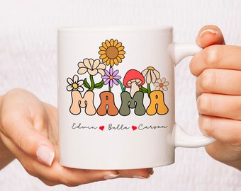 Gift for Mama, Mothers Day Gift, Custom Flower Mug with Kids Names, Mama Gift from Children, Flower Mug Personalized