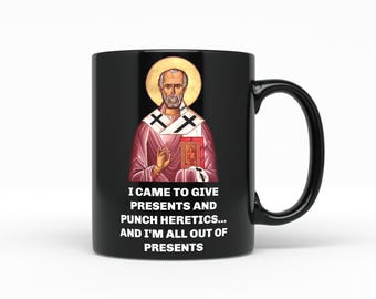 Saint nicholas black coffee mug, st nick catholic themed christmas cup funny meme humor