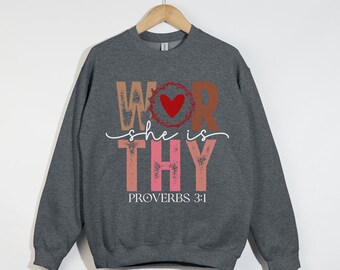 She Is Worthy Proverbs 31 Sweatshirt, Women Christian, Christian Coquette Sweatshirt, Coquette Bow, Bible Verse Shirt, Women Christian Gifts