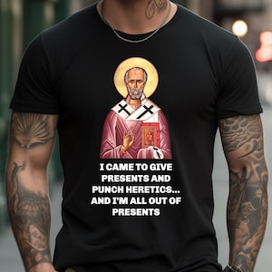 Saint nicholas black t-shirt tee shirt, st nick catholic themed christmas cup funny meme humor