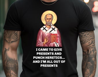Saint nicholas black t-shirt tee shirt, st nick catholic themed christmas tee shirt funny meme humor
