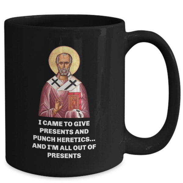 Saint nicholas black coffee mug, st nick catholic themed christmas cup funny meme humor