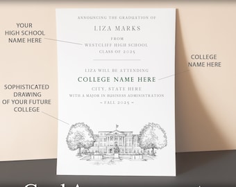 May include: A graduation announcement for Liza Marks, graduating from Westcliff High School in 2025. Liza will be attending [College Name Here] in [City, State Here] with a major in Business Administration.